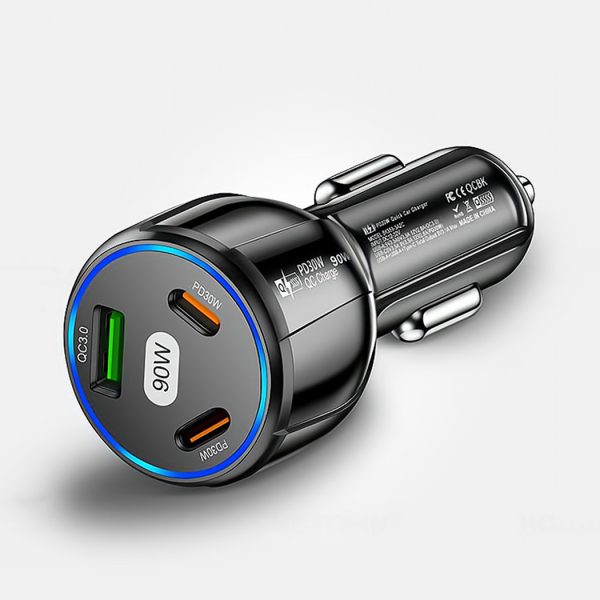 HYTO 90w Fast Charging 3 Ports Led Lights Mini Portable Car Chargers PD 30W White And Black Fast Led Car Chargers