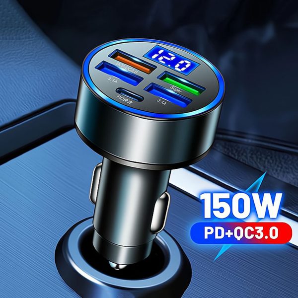 HYTO New Car Charger With Led Digital Display 150W 5 In 1 Quick Adapter 4 Usb Port Type C Pd Car Charging Station Charger