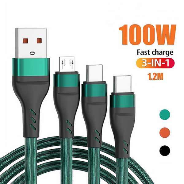 HYTO 100W 6A 3 in 1 Fast Charging Usb Type C Data Cable Micro Usb Cable For IPhone Xiaomi Huawei POCO Samsung 1.2M Usb C Cable