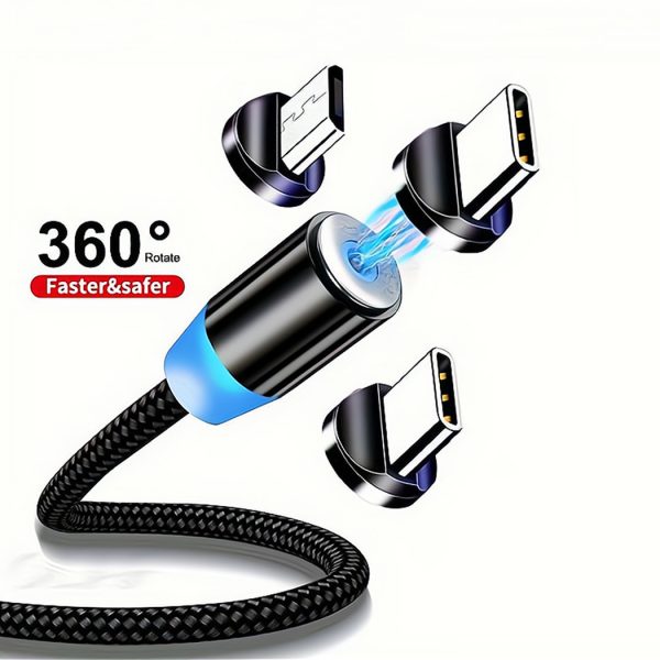 HYTO Nylon Braided 1M 2M Fast Magnetic Usb Charger Led Indicator Charging Cable 3 in 1 Magnet Data Cable for IPhone for Samsung