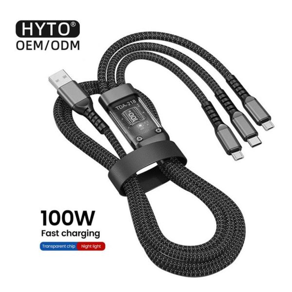 HYTO 100W 3 in 1 Super Fast Charging Cable Usb Type C Micro 3in1 Charger Cable for IPhone Huawei Samsung
