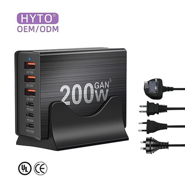 HYTO Multi Function 220W Usb C Wall Charger Station 2A4C PD 100W Desktop Fast GaN Charger For Macbook Laptop Phone