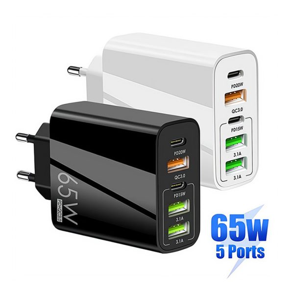 Wholesale US/EU/UK 65w Fast Charger PD20w+QC3.0 Usb Quick Wall Charger 5port Type C Usb A Fast Charger For iPhone/Huawei/Sumsang