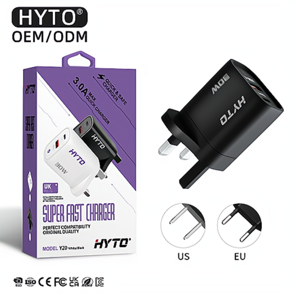 HYTO Usb Type C Fast Charger 30W QC PD 3.0 Dual Port Mini Portable Adapter For IPhone 15 14 13 12 IPad Xiaomi Fast Wall Chargers