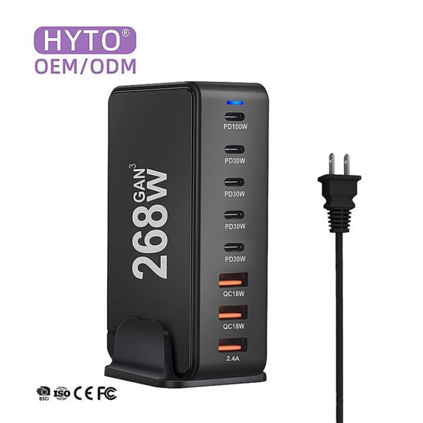 HYTO Gan 268W Charger 5 PD Ports Usb C 3 Usb-A QC3.0 100w Charging Station For Ipad Smartphone Fast Charging Laptops With Holder