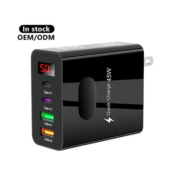 HYTO 2024 New Arrivals EU US UK Plug 45W 2USB+2PD Phone Charger Led Digital Display Adapter Multi-port Charging Head