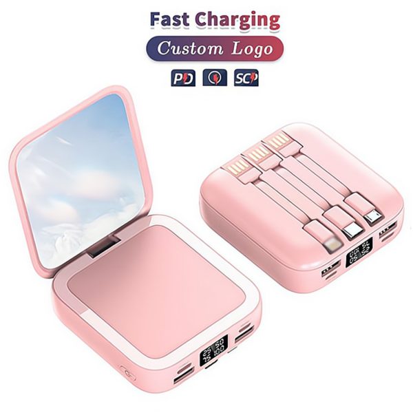 Slim Portable Battery Power Banks 20000mah 3 Usb Port Detachable Charging Cable With Mirror Mobile Phone Charger Mini Power Bank