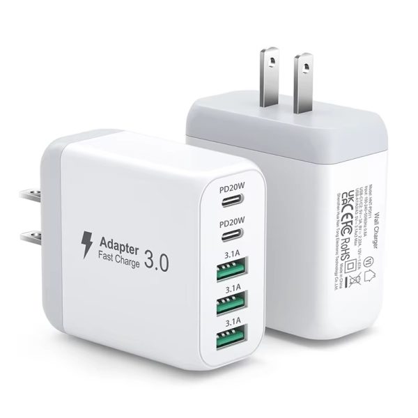 USB C Charger Block 5 Port 50W Portable Wall Charger Multiport Fast Charging Block PD Power Adapter Plug Brick for iPhone