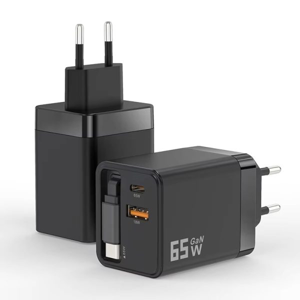 65W GaN Charger PD Fast Charging with Retractable Type-C Cable for IPhone 16 15 14 Xiaomi Laptop Macbook Phone Charger
