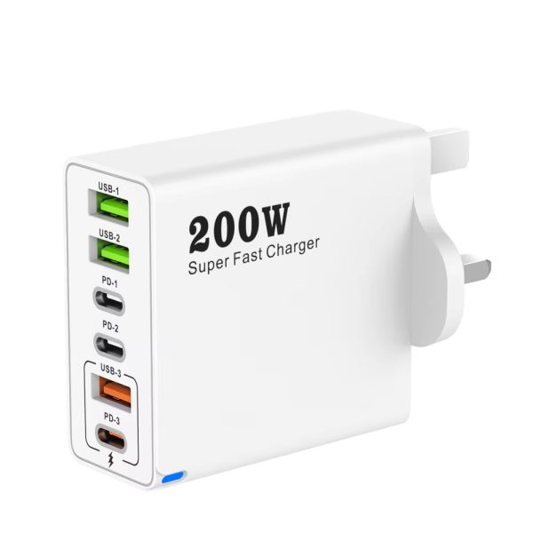 OEM Factory 6 Ports USB C PD Charger 200W Quick Charge 3.0 Type C USB Mobile Phone Chargers Super Fast Charging Adapter