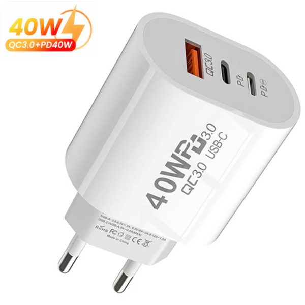 EU US Plug 40W USB Type C Charger Dual PD Fast Charging Adapter for iPhone Samsung Xiaomi Huawei Phone Quick Charge 3.0 Charger
