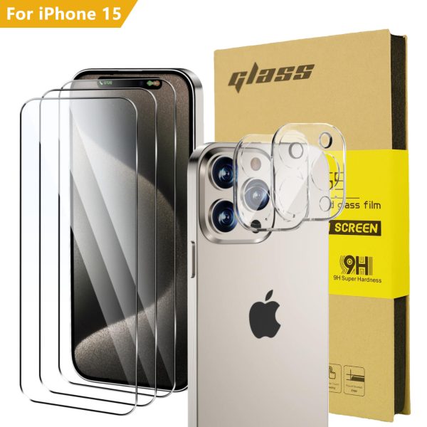HYTO Full Coverage Screen Protector for iPhone 15 Pro Max Ultra HD Tempered Glass Film 3 Pack for iPhone 15 Plus Lens Protector