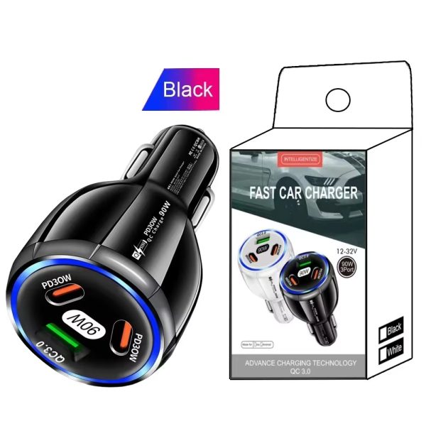 90W PD Car Charger with QC 3.0, 3-Port Fast Charging (2 x USB + 1 Type-C)