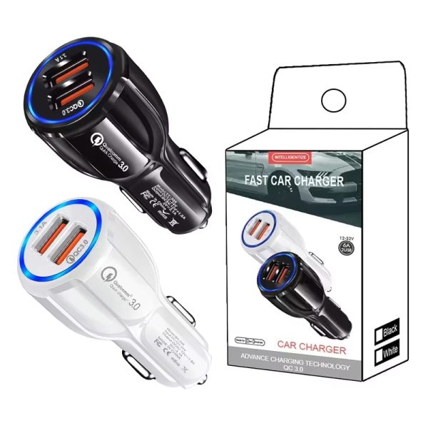 30W 6A Dual USB Car Charger Adapter with QC3.0 – LED Indicator, Retail Box Included