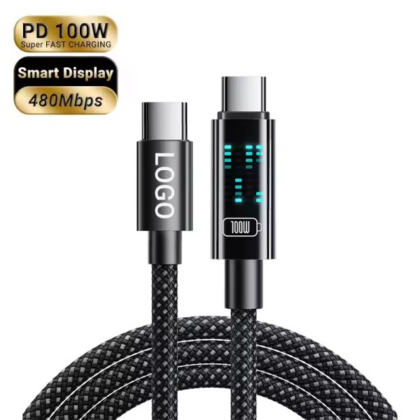 100W LED Display Nylon Braided PD USB-C to USB-C Cable